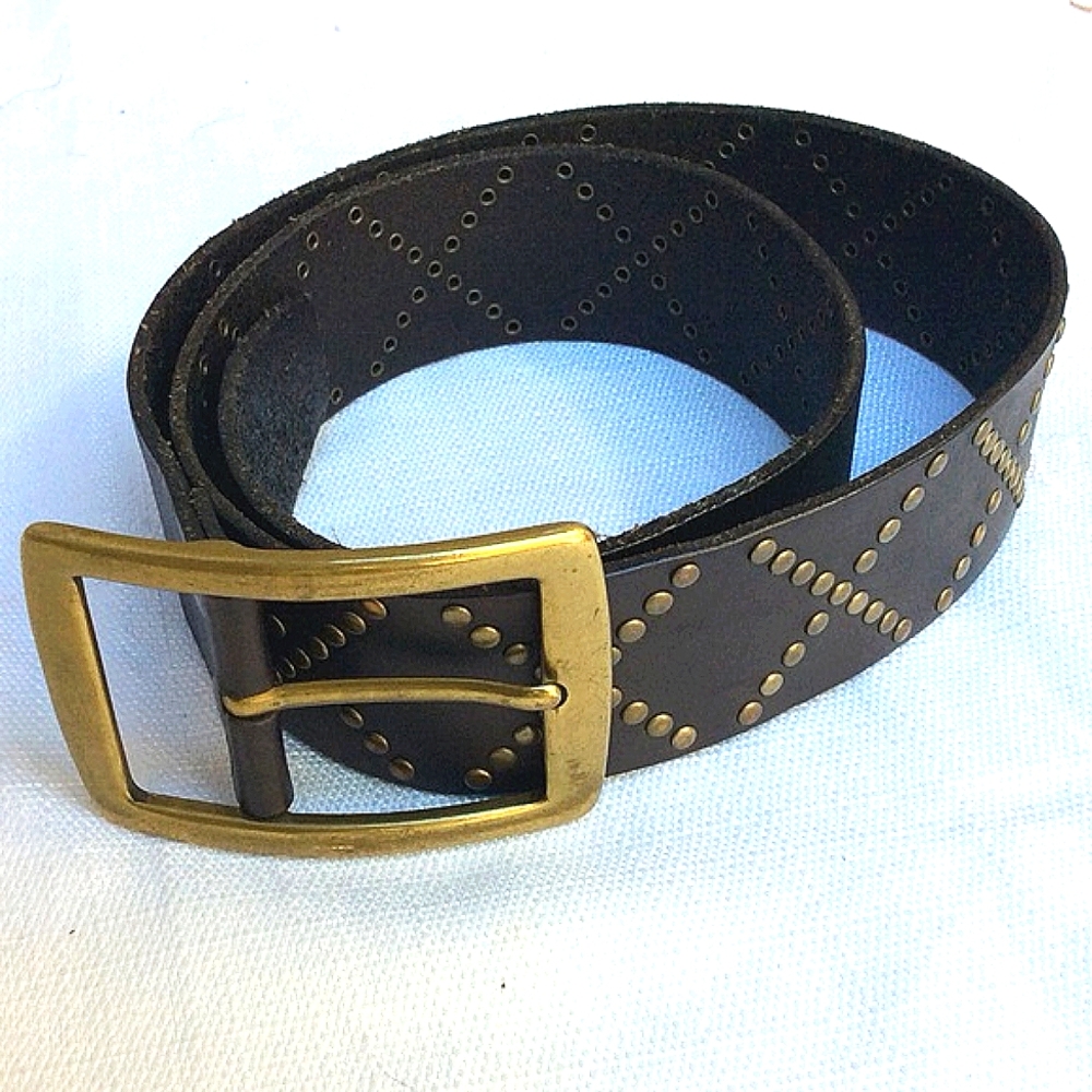 Brown Leather & Brass Stud & Buckle Belt
